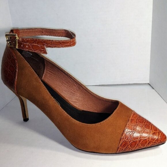 Hal Rubenstein Shoes - Womens Camel Heels Size 9 Brown Suede Pump Shoes Ankle Strap Hal Rubenstein